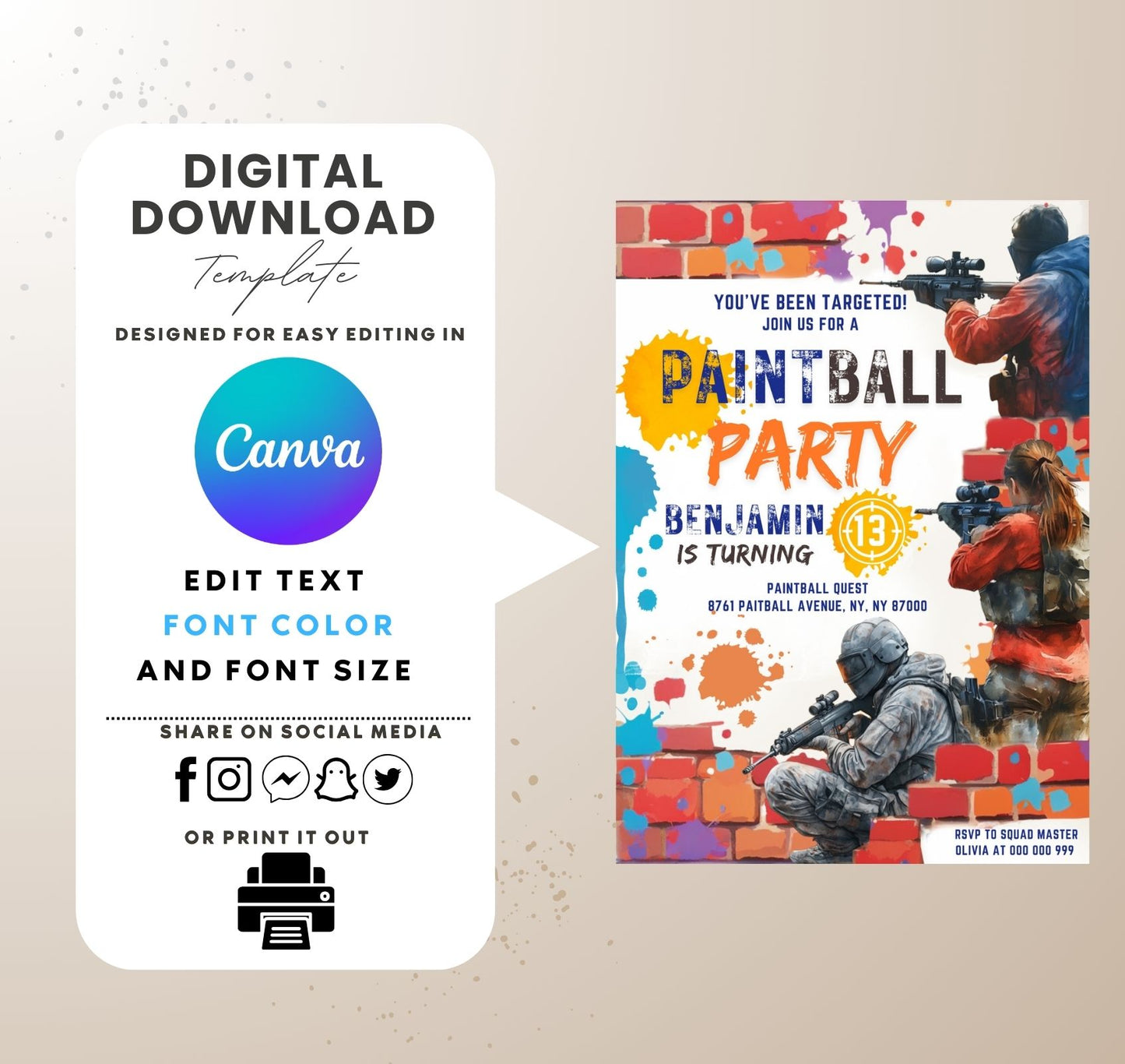 Paintball Party Invitation Canva Template /C3