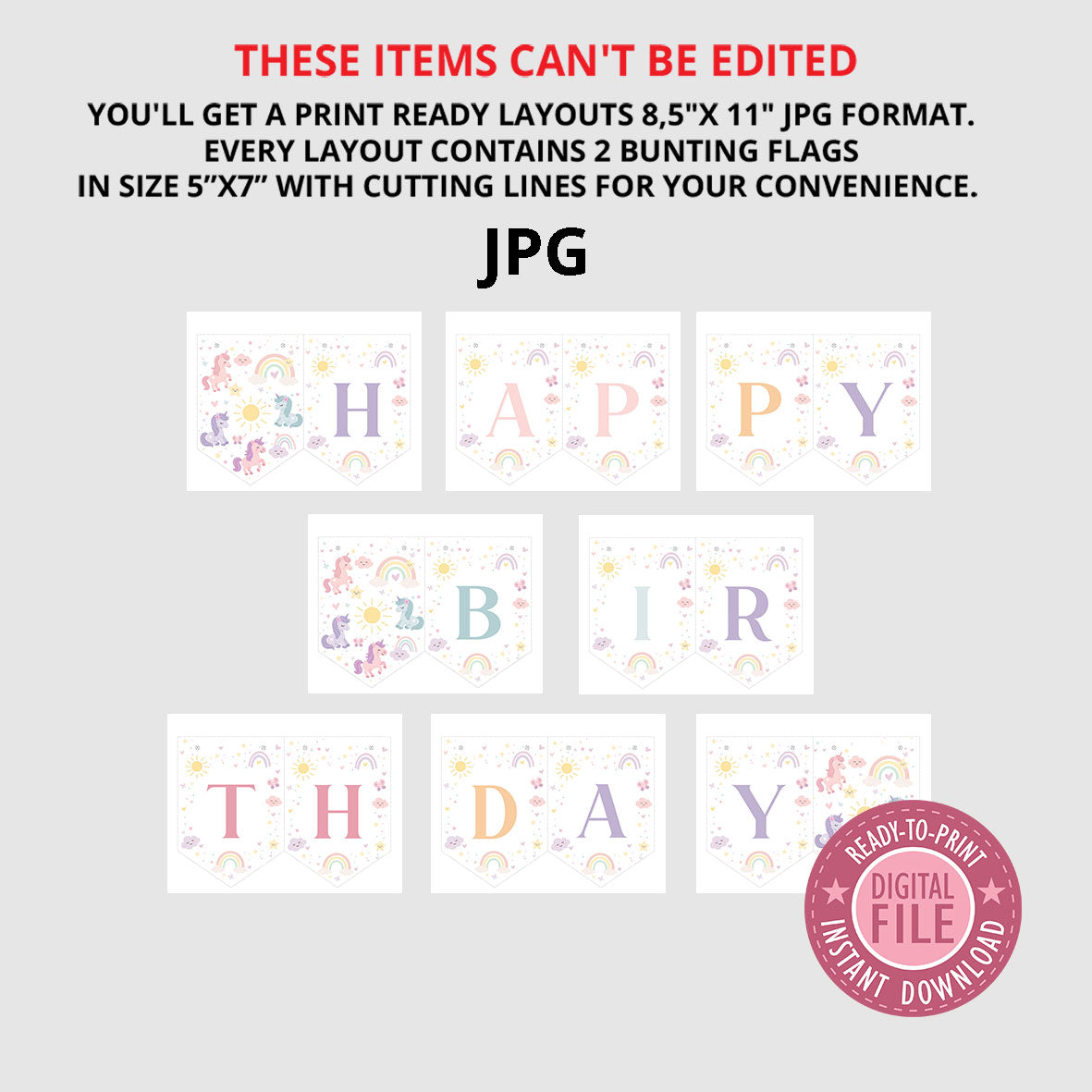 Unicorn Happy Birthday bunting Banner, Instant Download