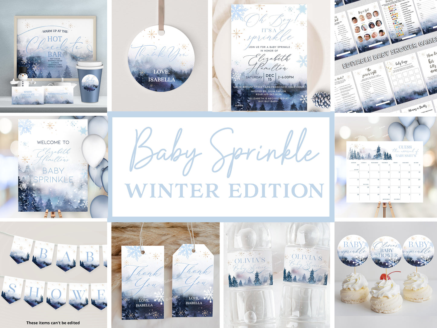 Sprinkle Baby Shower Bundle Winter Baby Shower Invitation Set Winter Wonderland Baby Shower Set Dusty Blue Baby Sprinkle Invite Bundle | BS13
