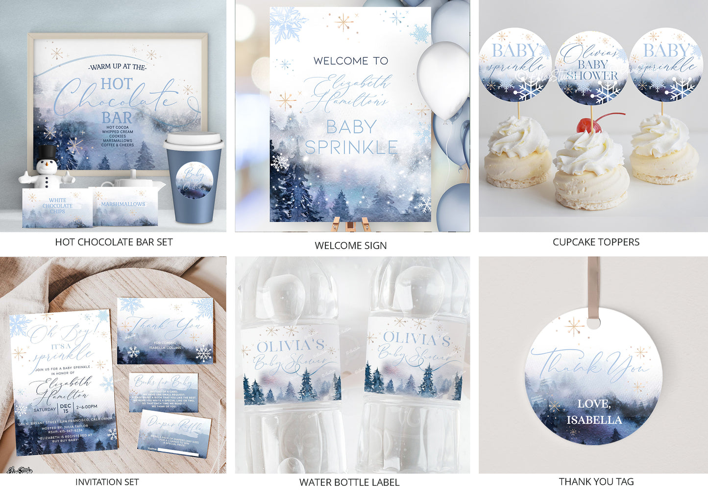 Sprinkle Baby Shower Bundle Winter Baby Shower Invitation Set Winter Wonderland Baby Shower Set Dusty Blue Baby Sprinkle Invite Bundle | BS13
