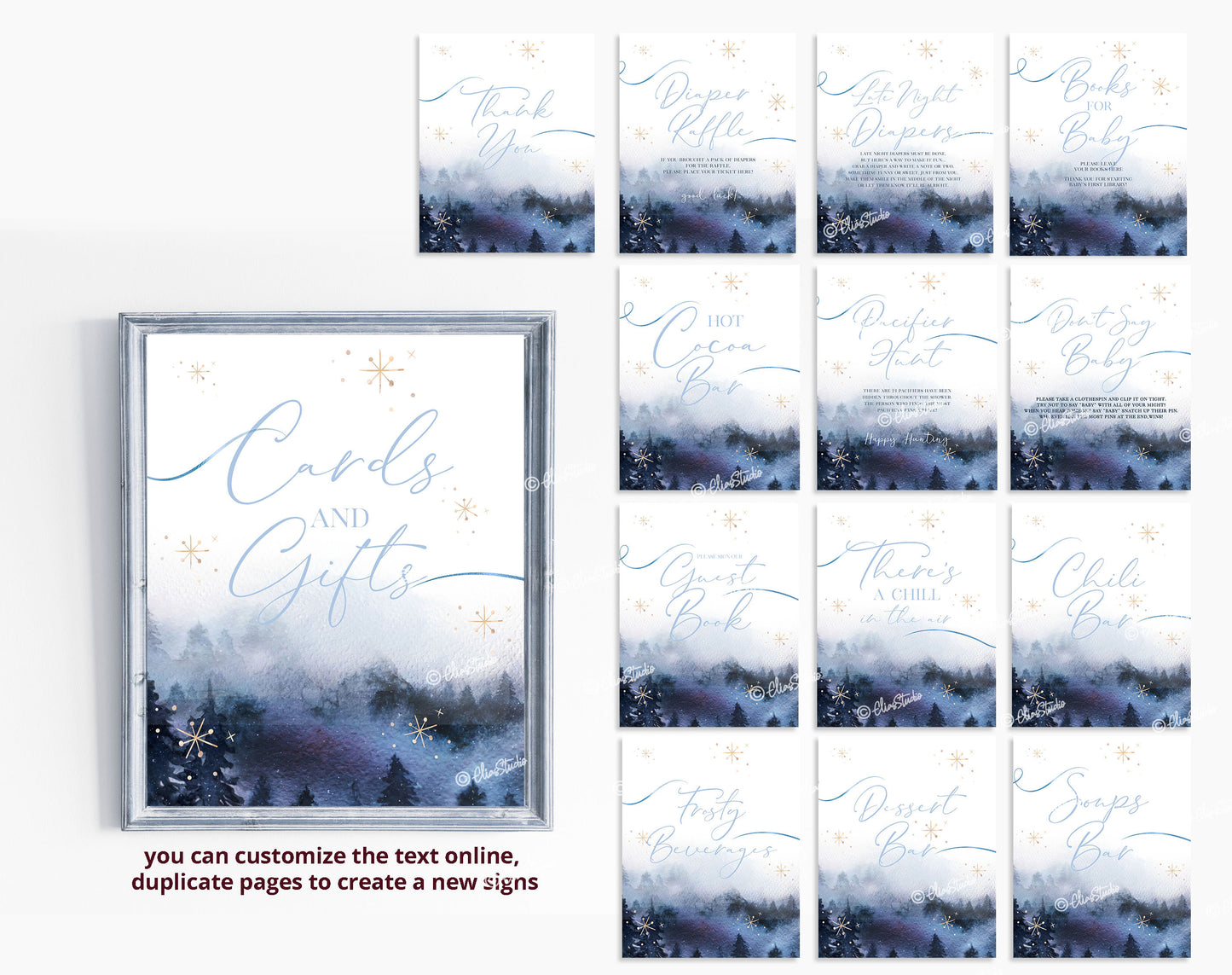 Sprinkle Baby Shower Bundle Winter Baby Shower Invitation Set Winter Wonderland Baby Shower Set Dusty Blue Baby Sprinkle Invite Bundle | BS13