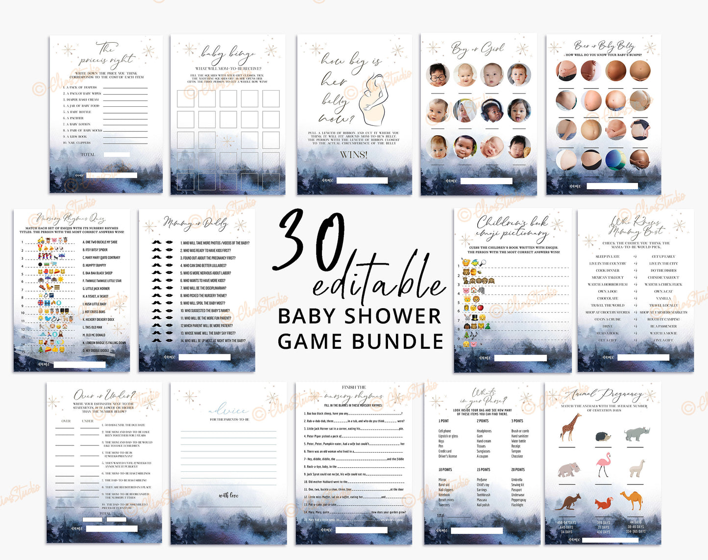 Sprinkle Baby Shower Bundle Winter Baby Shower Invitation Set Winter Wonderland Baby Shower Set Dusty Blue Baby Sprinkle Invite Bundle | BS13
