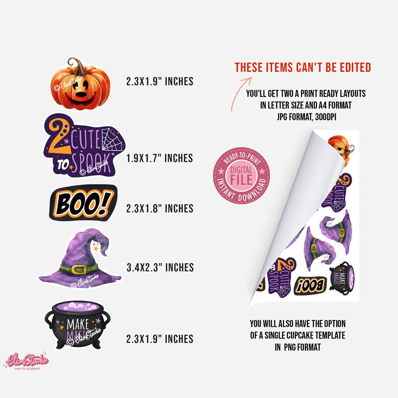 Two Cute to Spook Cupcake Toppers Set, Halloween Birthday Party Decorations Digital download