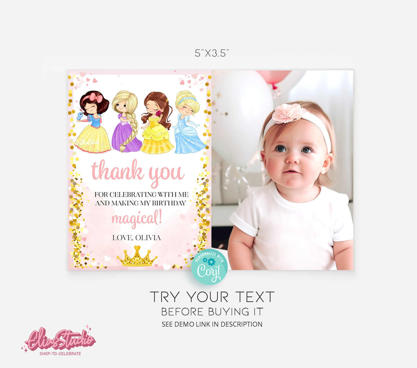 Little Princess Birthday thank you card - Editable Digital Download Template | SO9