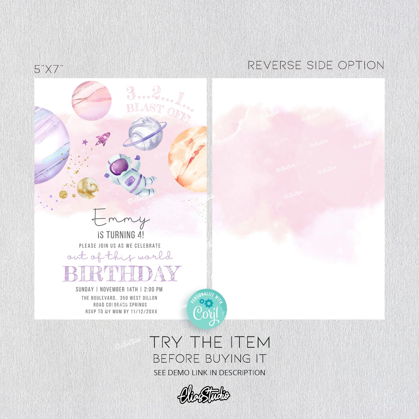 Editable Space Birthday Invitation Trip Around The Sun | Space Birthday Girl Party Invitation | Pink Gold Galaxy Birthday Invite | SP436