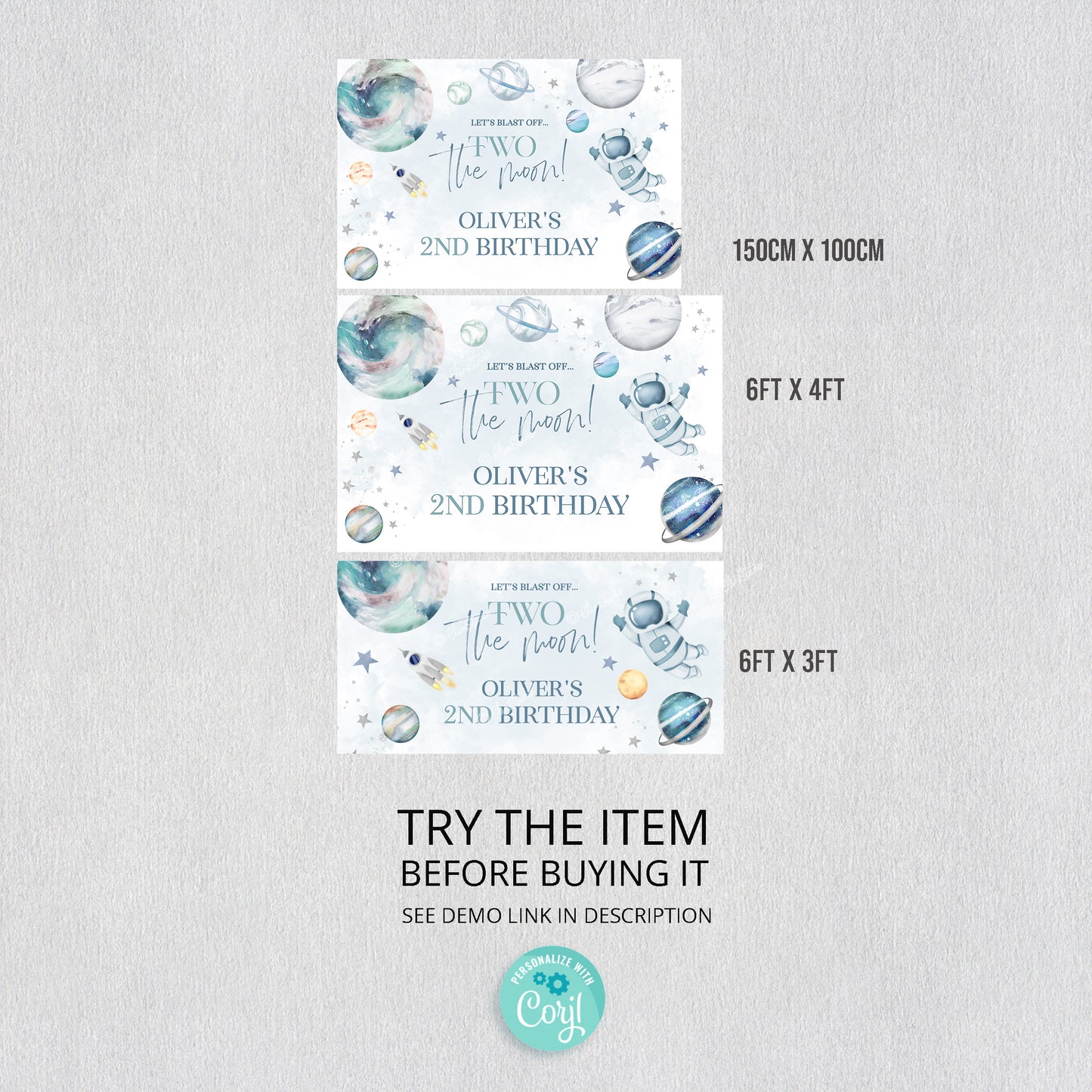 Two The Moon Birthday Boy, 2nd Birthday Backdrop Banner, Space Birthday Custom Vinyl Banner, Galaxy Birthday Party Banner Personalized | SP535