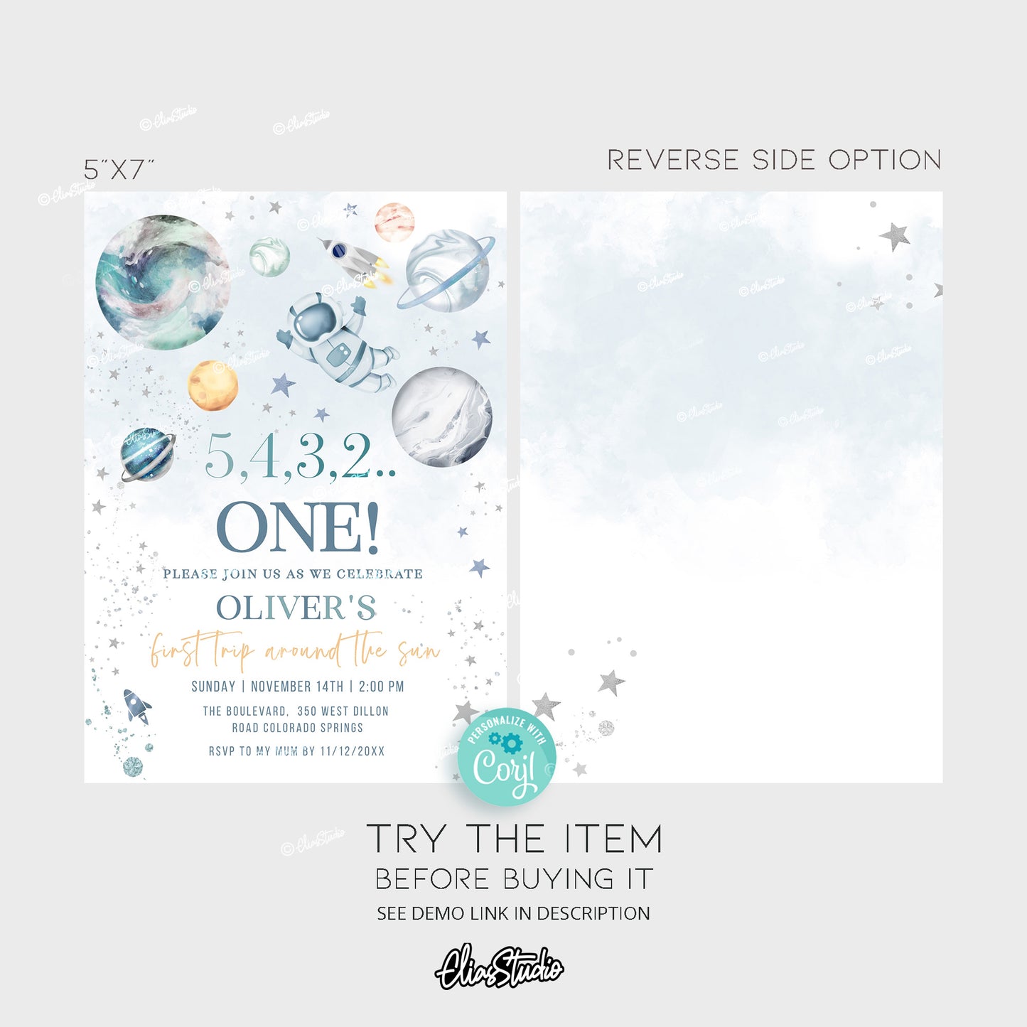 First Trip Around The Sun Invitation, 1st Birthday Boy Invite, Outer Space Birthday Invitation, 1st Birthday Party Theme, Space Invite | SP544