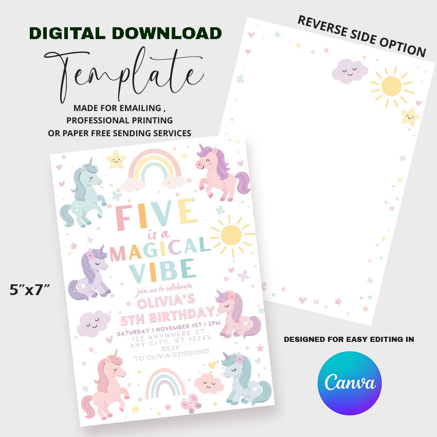 Unicorn Birthday Party Invitation Canva Template