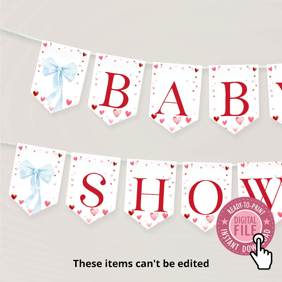 Valentines Baby Shower Bunting Banner, Blue Bow Baby Shower