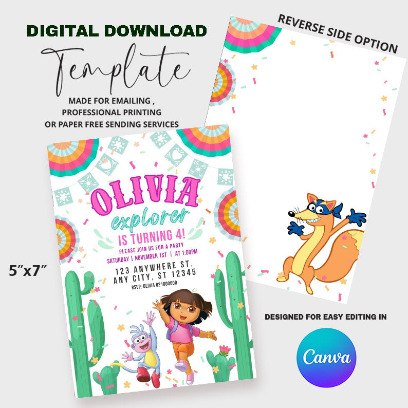 Dora Inspired invitation Canva Template