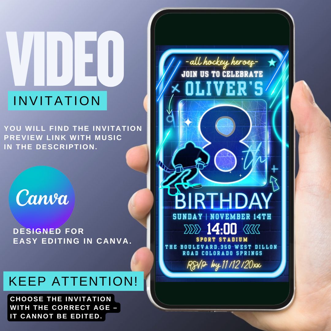 Hockey Themed Video Invitation, 8th Birthday
