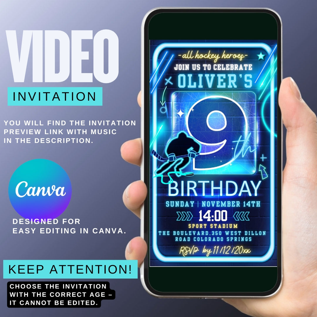 Hockey Themed Video Invitation, 9th Birthday