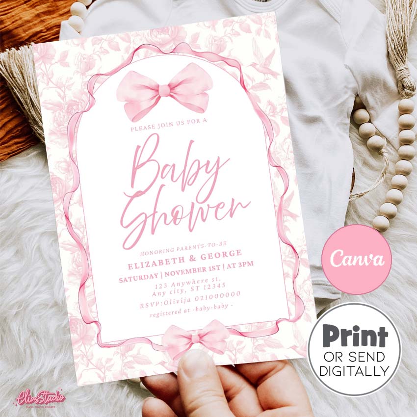 Vintage Pink Bow Invitation Baby Shower, Coquette Bow Arch Invitation BB1
