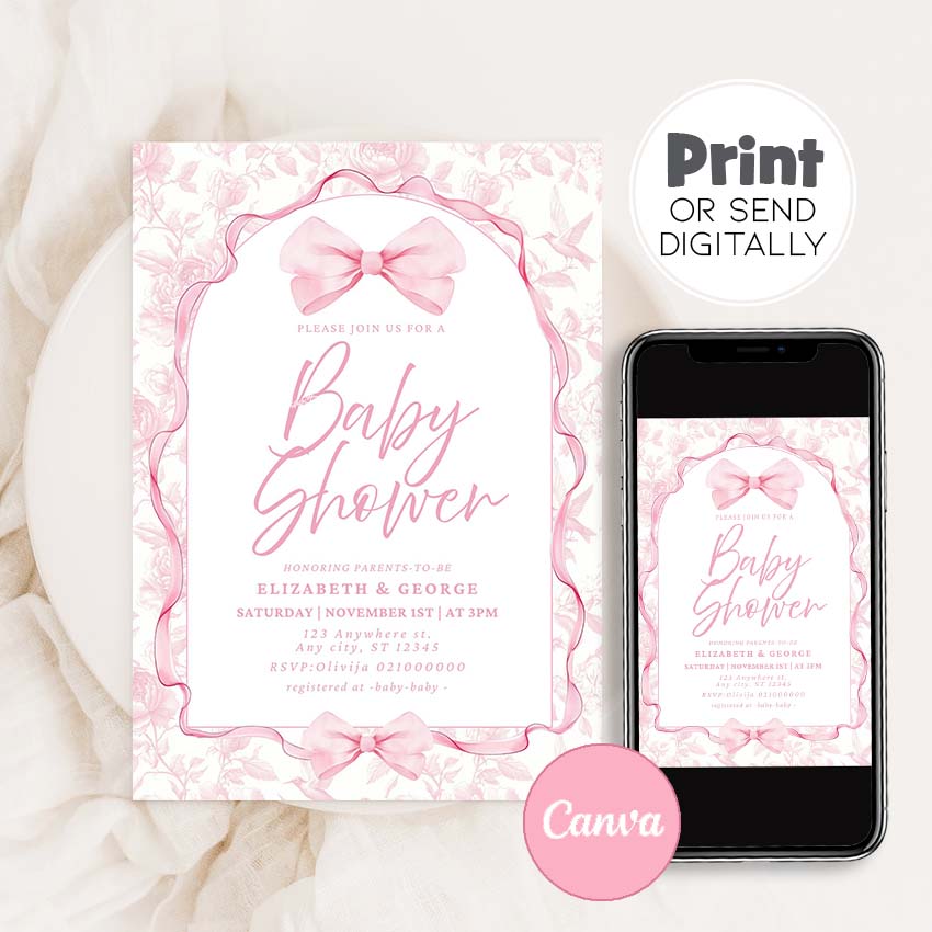 Vintage Pink Bow Invitation Baby Shower, Coquette Bow Arch Invitation BB1