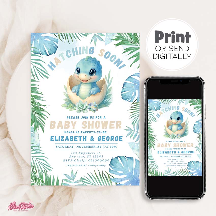 Dinosaur Baby Shower invitation Hatching Soon