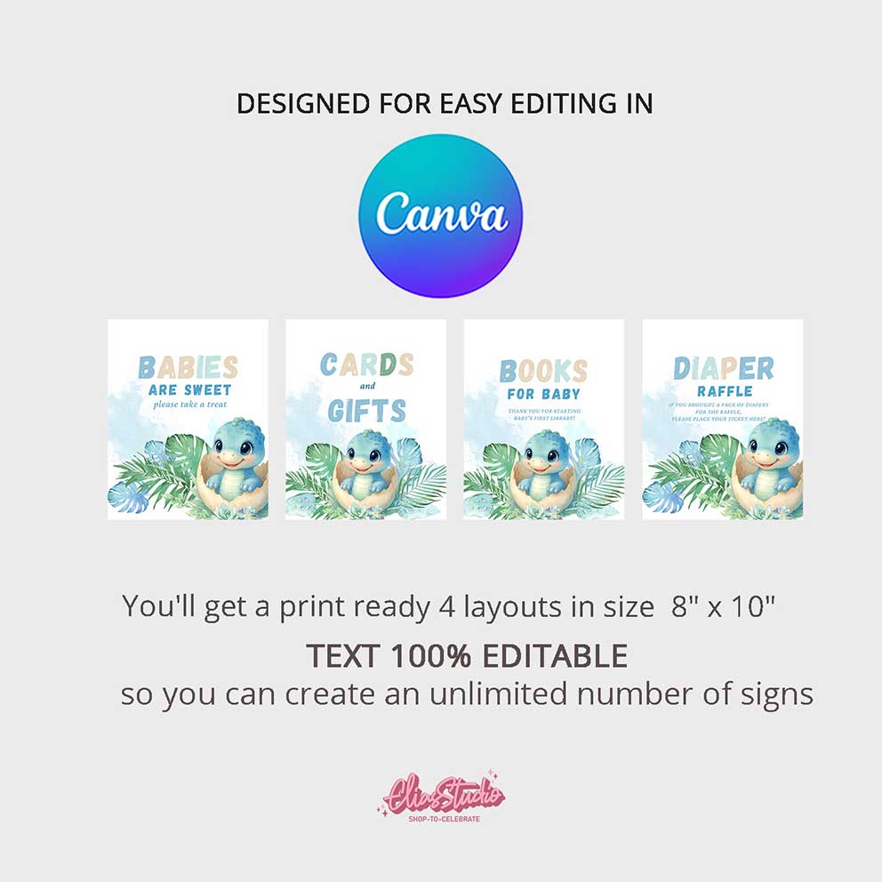 Dinosaur Baby Shower Sign Set, Canva Template