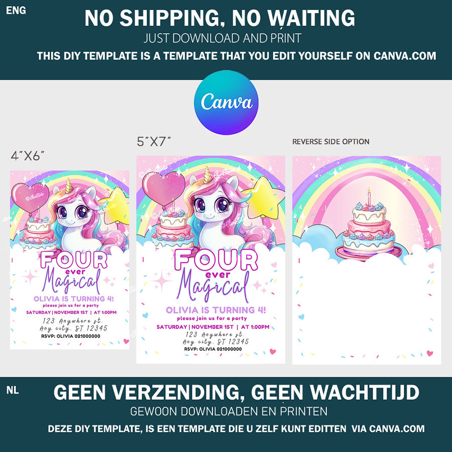 Unicorn 4th Birthday Party Invitation Canva Template