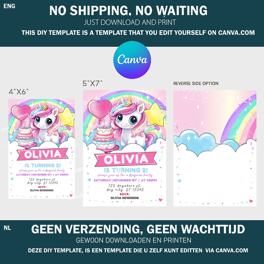 Unicorn Birthday Party Invitation Canva Template