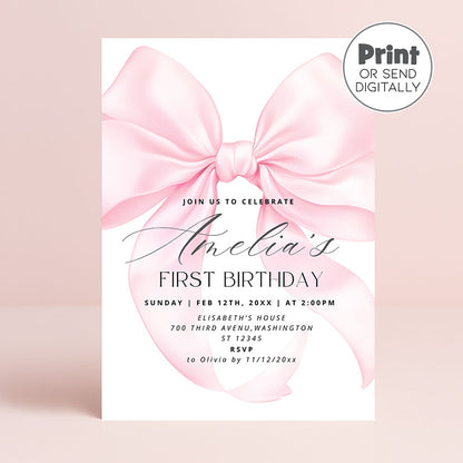 Pink Bow First Birthday Invitation, Canva Template AB1