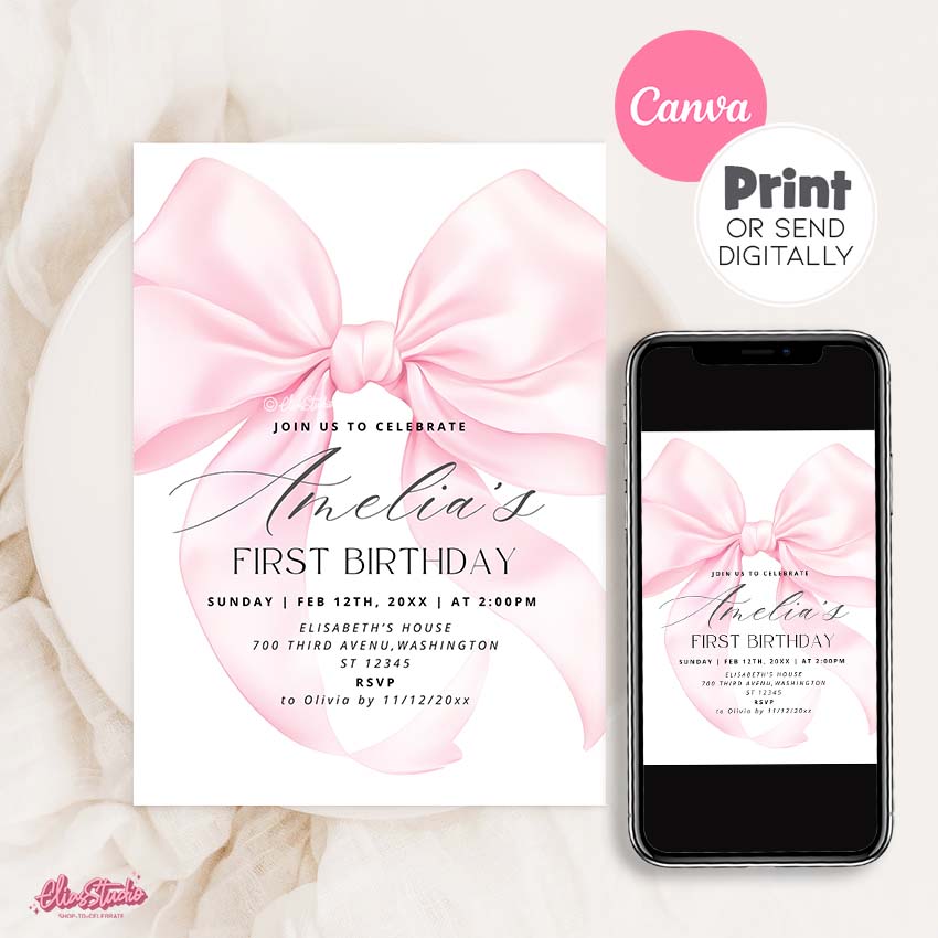 Pink Bow First Birthday Invitation, Canva Template AB1