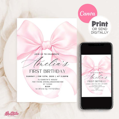 Pink Bow First Birthday Invitation, Canva Template AB1