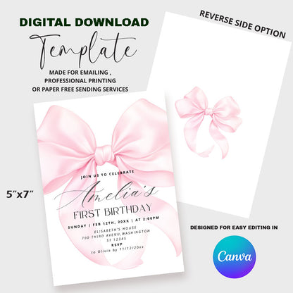 Pink Bow First Birthday Invitation, Canva Template AB1