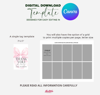 Pink Bow Birthday THANK YOU tag Canva Template AB2