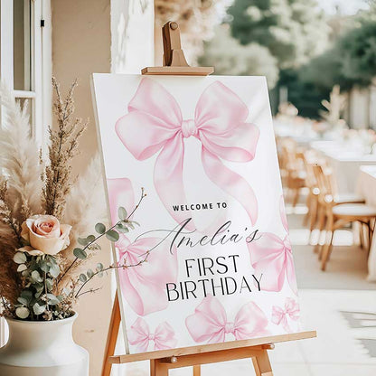 Pink Bow Birthday Welcome Sign Canva Template AB3