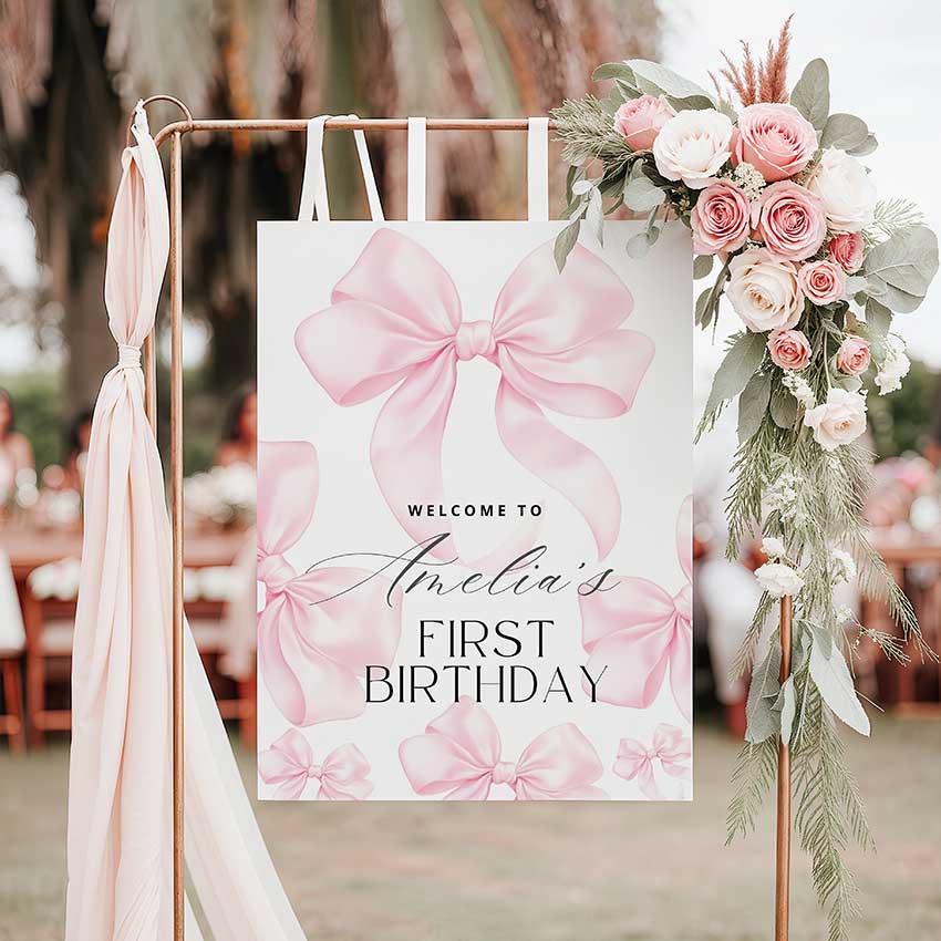 Pink Bow Birthday Welcome Sign Canva Template AB3