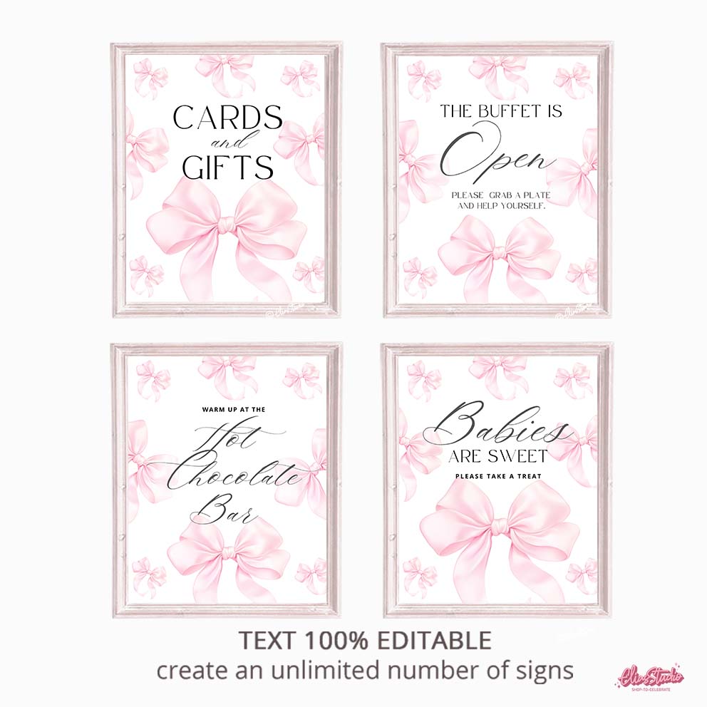Editable pink bow signs for baby shower or birthday. Customize in Canva and print instantly. Perfect feminine printable party decor.
