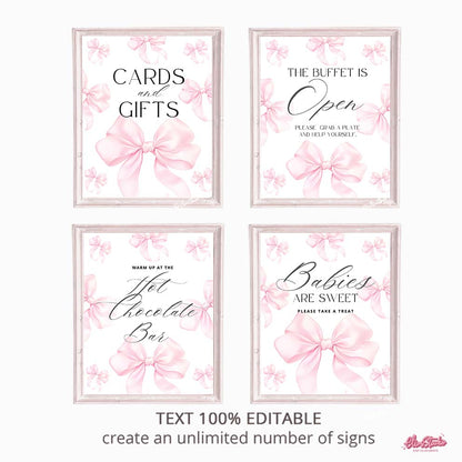 Editable pink bow signs for baby shower or birthday. Customize in Canva and print instantly. Perfect feminine printable party decor.