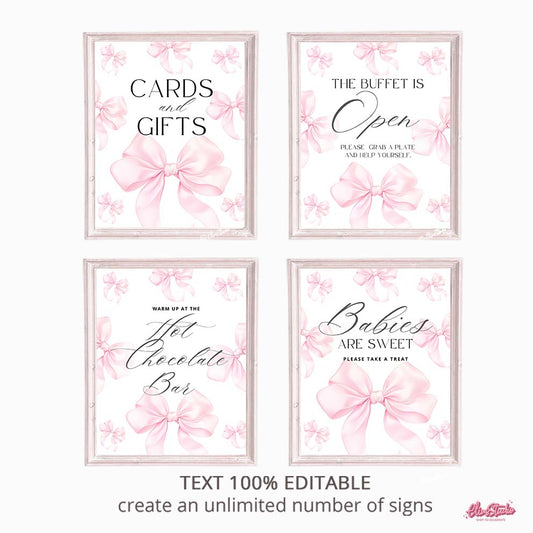 Editable pink bow signs for baby shower or birthday. Customize in Canva and print instantly. Perfect feminine printable party decor.