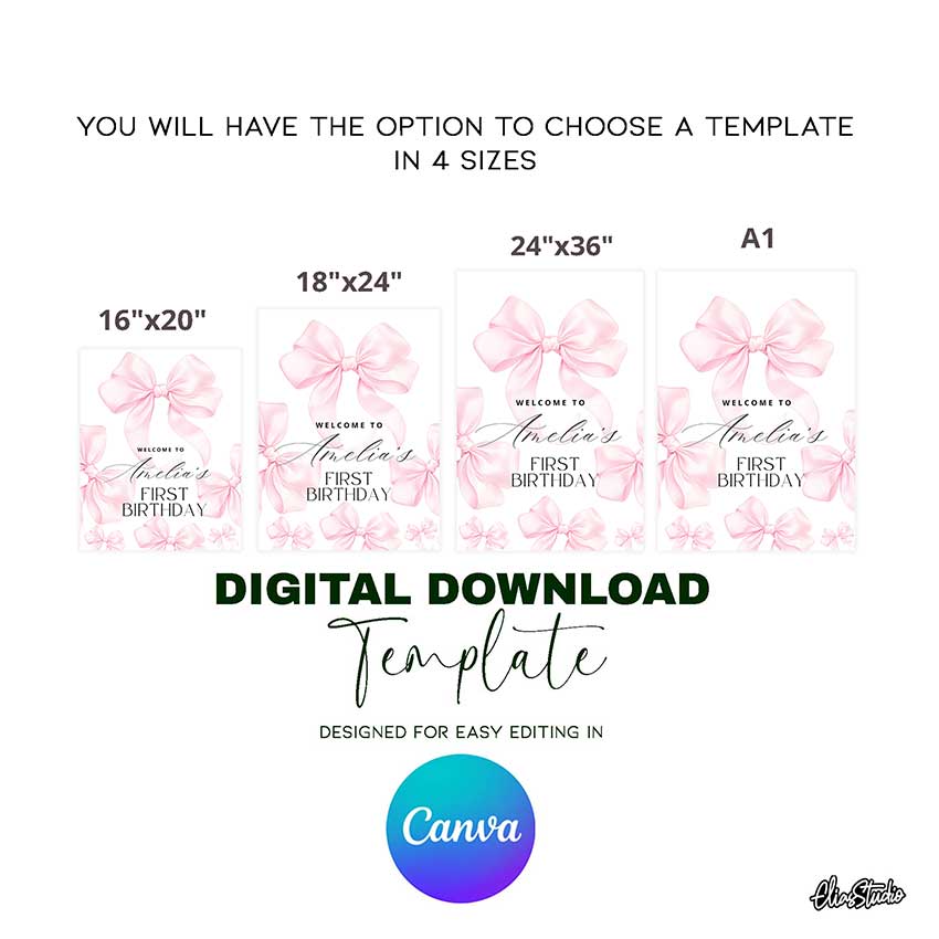Pink Bow Birthday Welcome Sign Canva Template AB3
