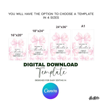 Pink Bow Birthday Welcome Sign Canva Template AB3