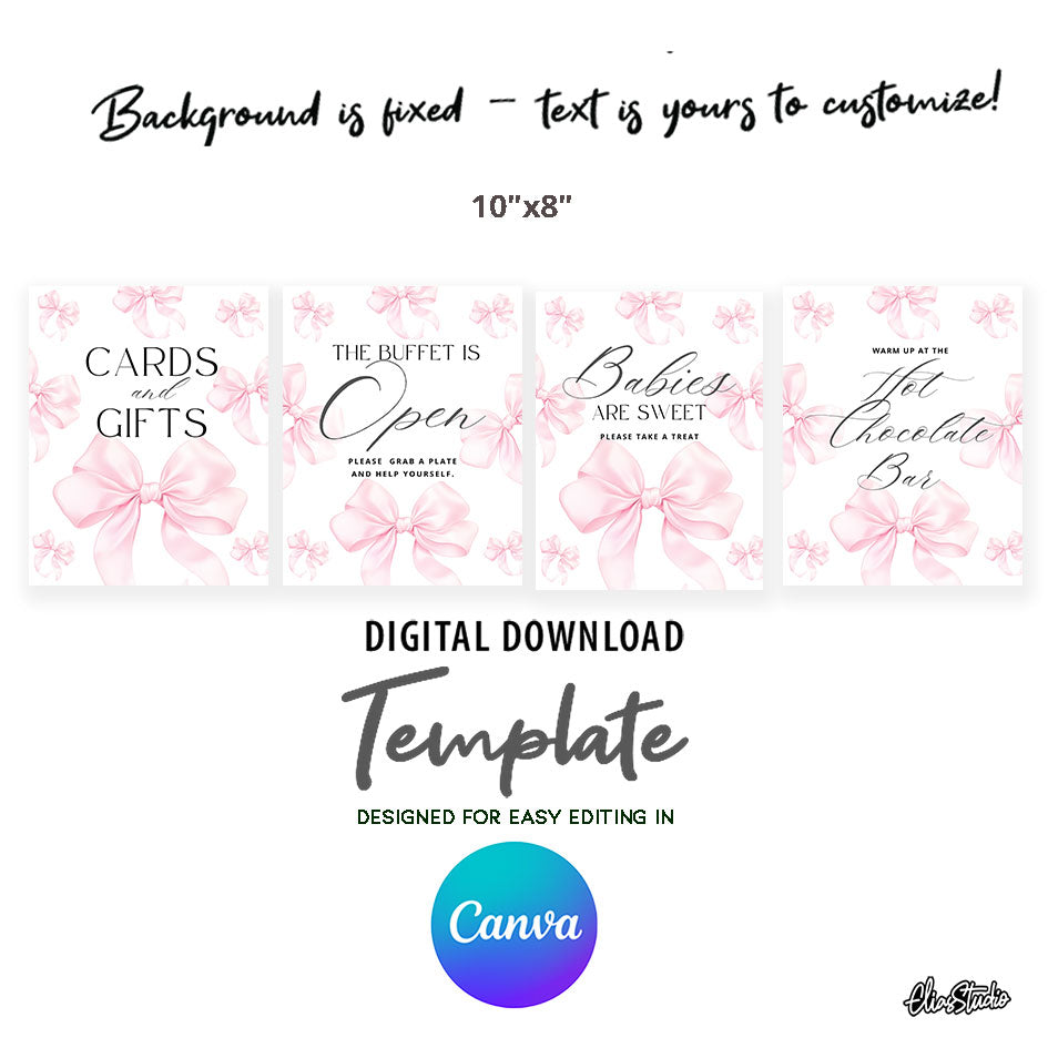 🎀 PINK BOW PARTY SIGNS – CANVA TEMPLATE | INSTANT DIGITAL DOWNLOAD
