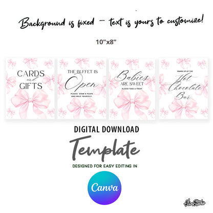 🎀 PINK BOW PARTY SIGNS – CANVA TEMPLATE | INSTANT DIGITAL DOWNLOAD