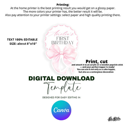 🎀 PINK BOW FIRST BIRTHDAY CAKE TOPPER – CANVA TEMPLATE | INSTANT DIGITAL DOWNLOAD | ENG