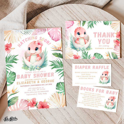 Pink Dinosaur Baby Shower Invitation, Thank You Card, Diaper Raffle and Books for Baby cards 