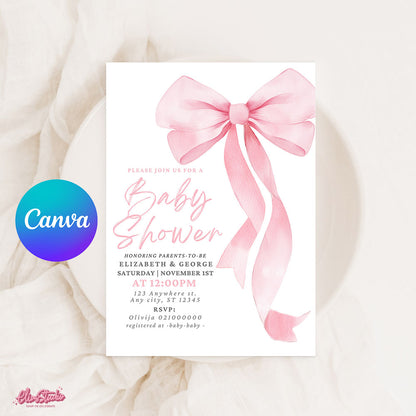 Pink Bow Baby Shower Invitation