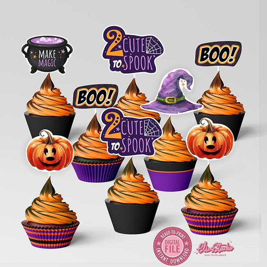Two Cute to Spook Cupcake Toppers Set, Halloween Birthday Party Decorations Digital download