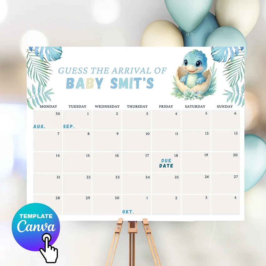 Dinosaur Baby Shower Due Date Calendar, Baby Arrival Sign