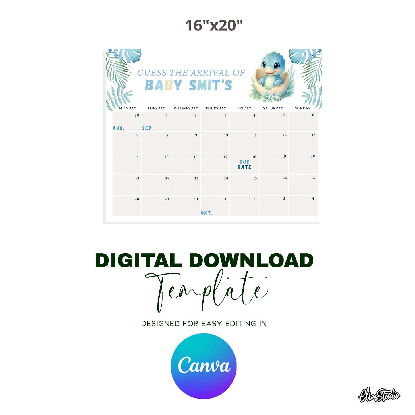 Dinosaur Baby Shower Due Date Calendar, Baby Arrival Sign