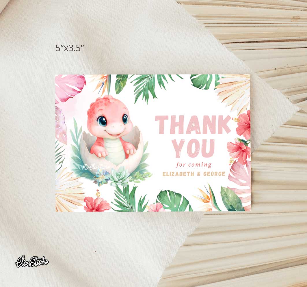 Pink Dinosaur Baby Shower Invitation, Thank You Card, Diaper Raffle and Books for Baby cards