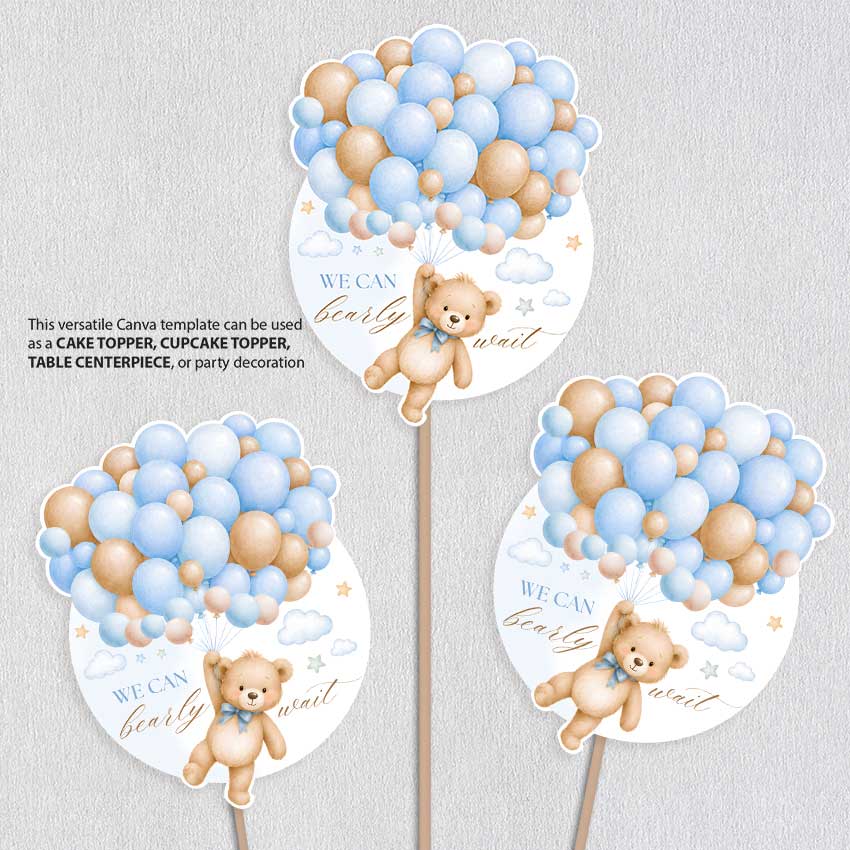 We Can Bearly Wait Editable Cake Topper, Teddy Bear Baby Shower Centerpiece
