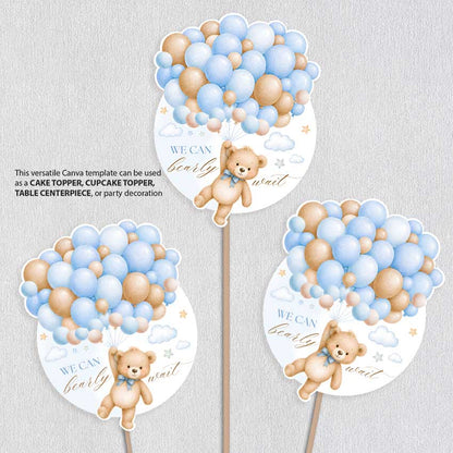 We Can Bearly Wait Editable Cake Topper, Teddy Bear Baby Shower Centerpiece