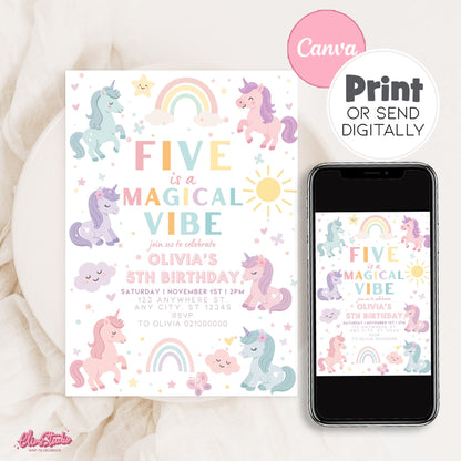 Unicorn  Birthday Party Invitation Canva Template