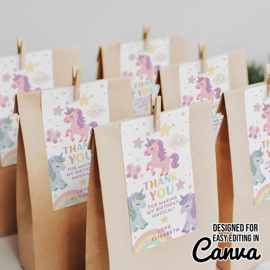 Unicorn  Birthday Party Thank You Tag Canva Template
