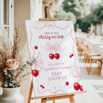 Editable Canva welcome sign template with cerry and pink bows, baby shower, digital download