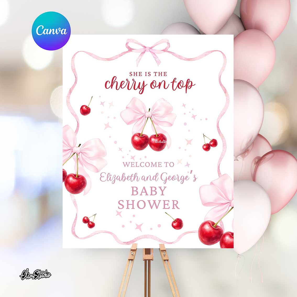 She is the Cherry on Top welcome sign in pink and red, Canva editable digital file in 16x20 and 18x24 inches