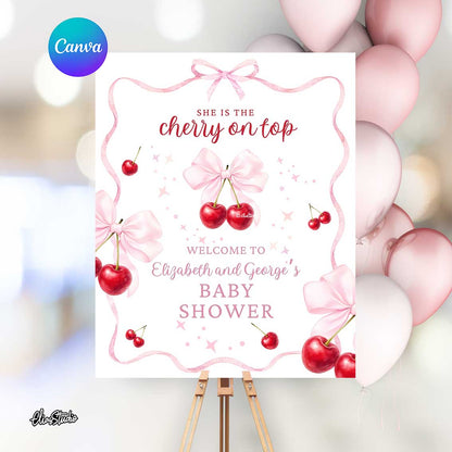 She is the Cherry on Top welcome sign in pink and red, Canva editable digital file in 16x20 and 18x24 inches
